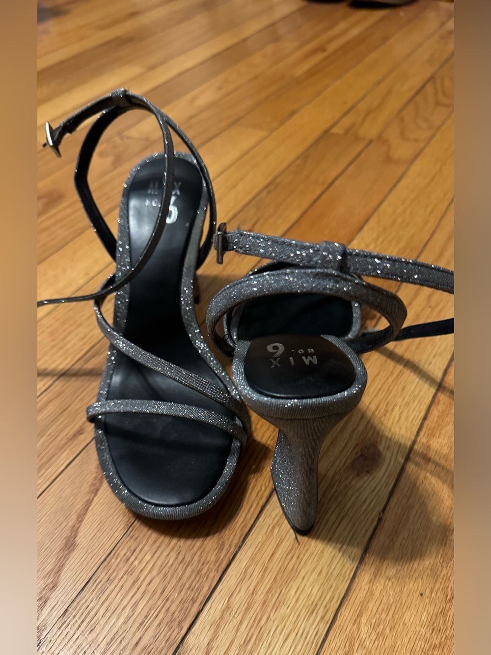 Mix No. 6 Sparkle Ankle-Strap High Heel Sandals in Silver
